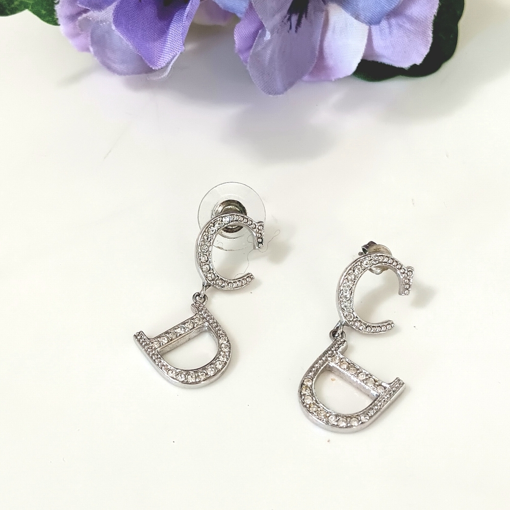 Christian Dior Silver CD Logo Rhinestone Drop Earrings Like New Y2K ✨ - Picture 12 of 12